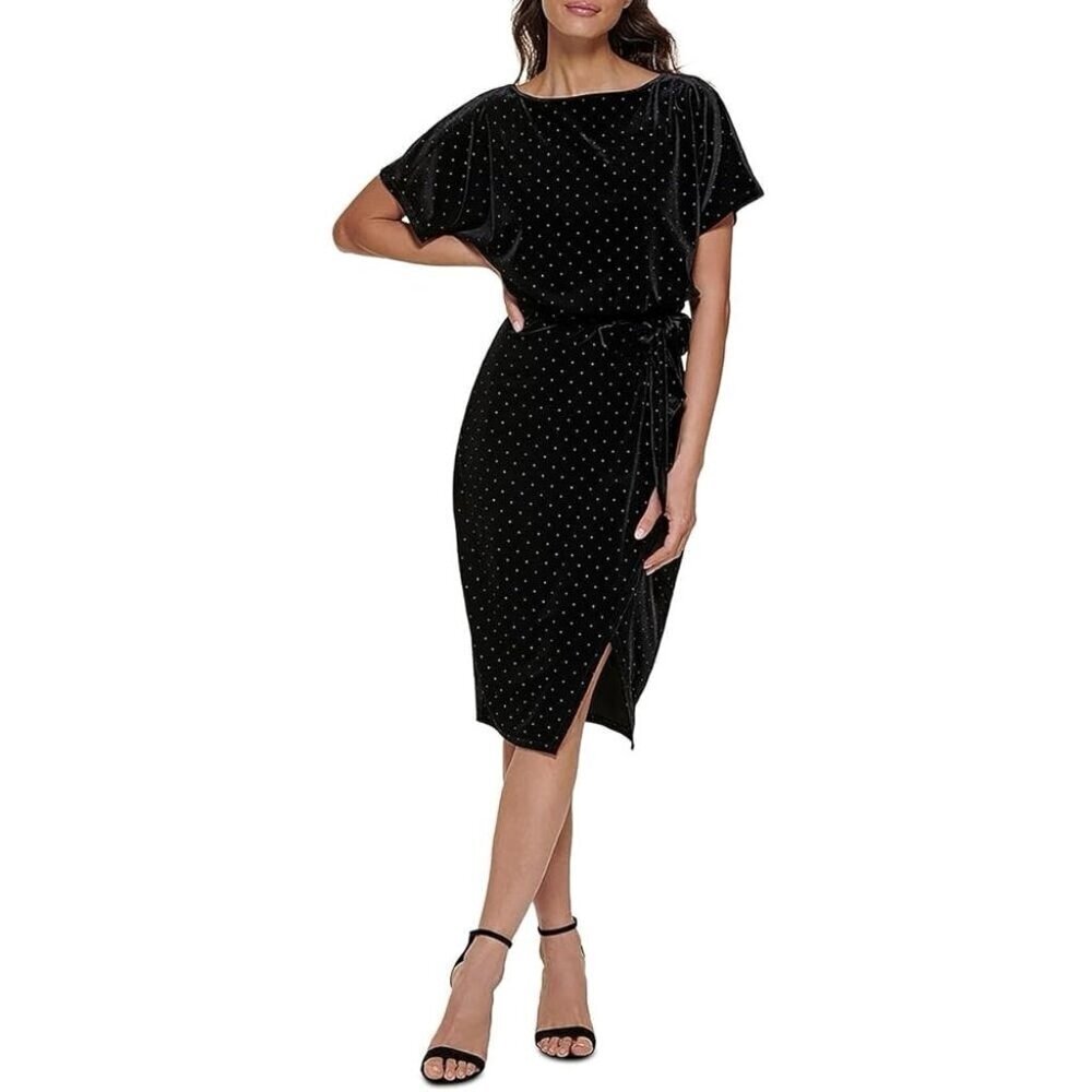 KENSIE Size Large Black Velvet Belted Short Sleeve Sheath Cocktail Event Dress